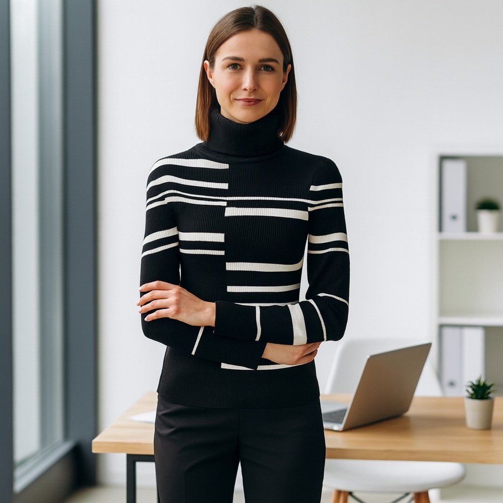 White House Black Market Black and White Striped Turtleneck Sweater